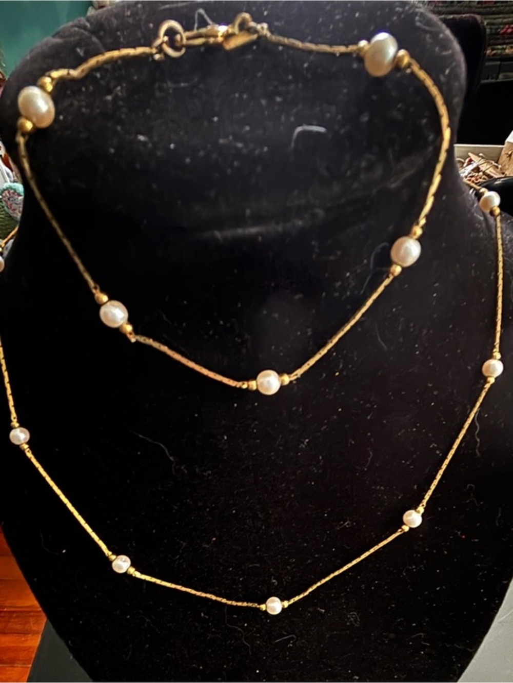 Signed MONET Gold Pearl Liquid Chain Necklace 16” & Bracelet 7” Set